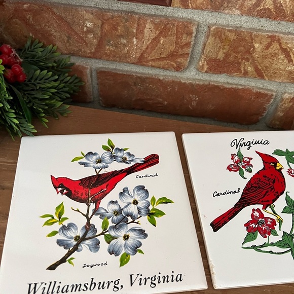 2x Vintage Hand Painted Ceramic Tile, Coaster, or Wall Decor, Red Cardinal - Picture 3 of 5